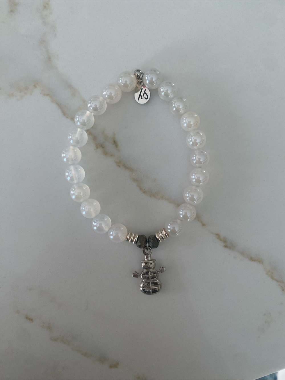 Sterling Silver Snowman Charm Beaded Bracelet - White. T jazelle